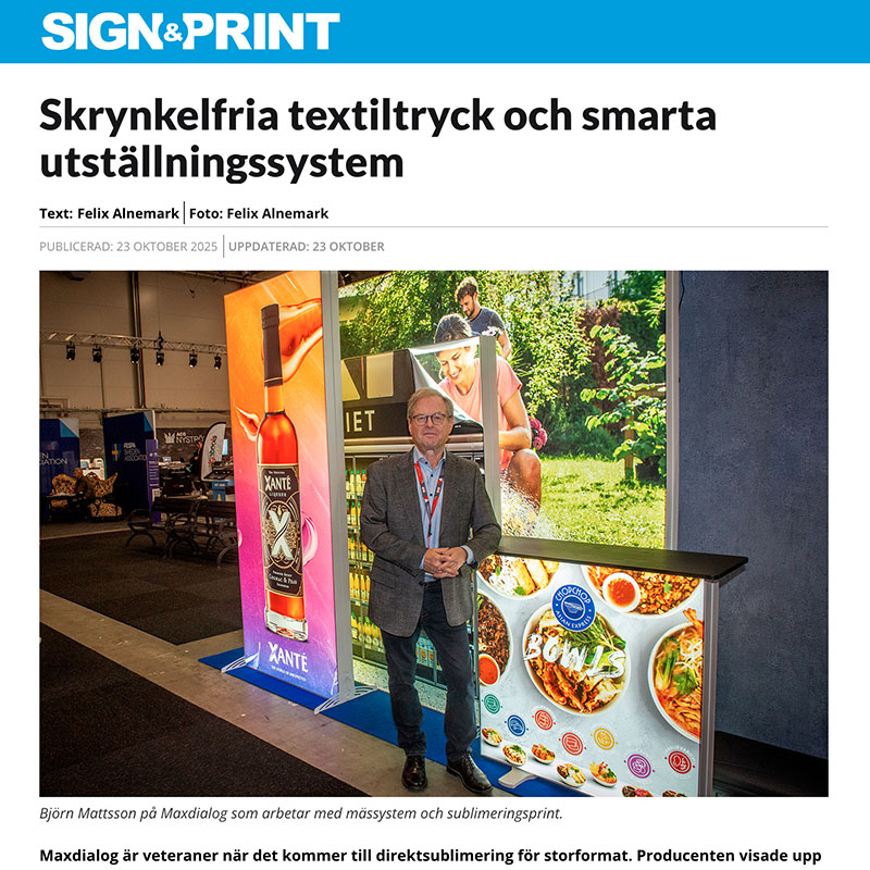 Skrynkelfria textiltryck och smarta utställningssystem. Sign & Print, oktober 2025.